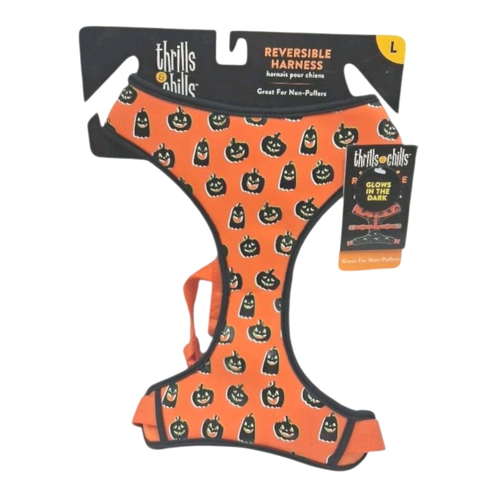 Thrills & Chills Pumpkin Reversible Glow in the Dark Dog Harness LRG Halloween